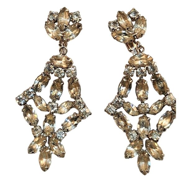 Vintage Clip On 3'' Drop Earrings With Floral Design Clear Rhinestone Chandelier - Picture 1 of 14